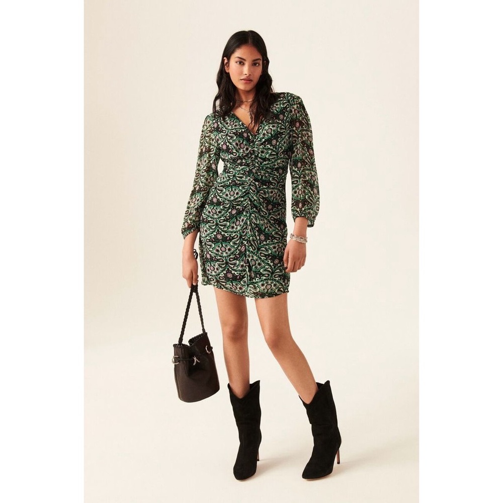 BA&SH Fanny Ruched Mini Dress in Vert Green Paisley‎ Print - Picture 2 of 10
